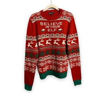 Ugly Christmas Sweater by Smart Living Believe in Your Elf Knit Fairisle Red Med